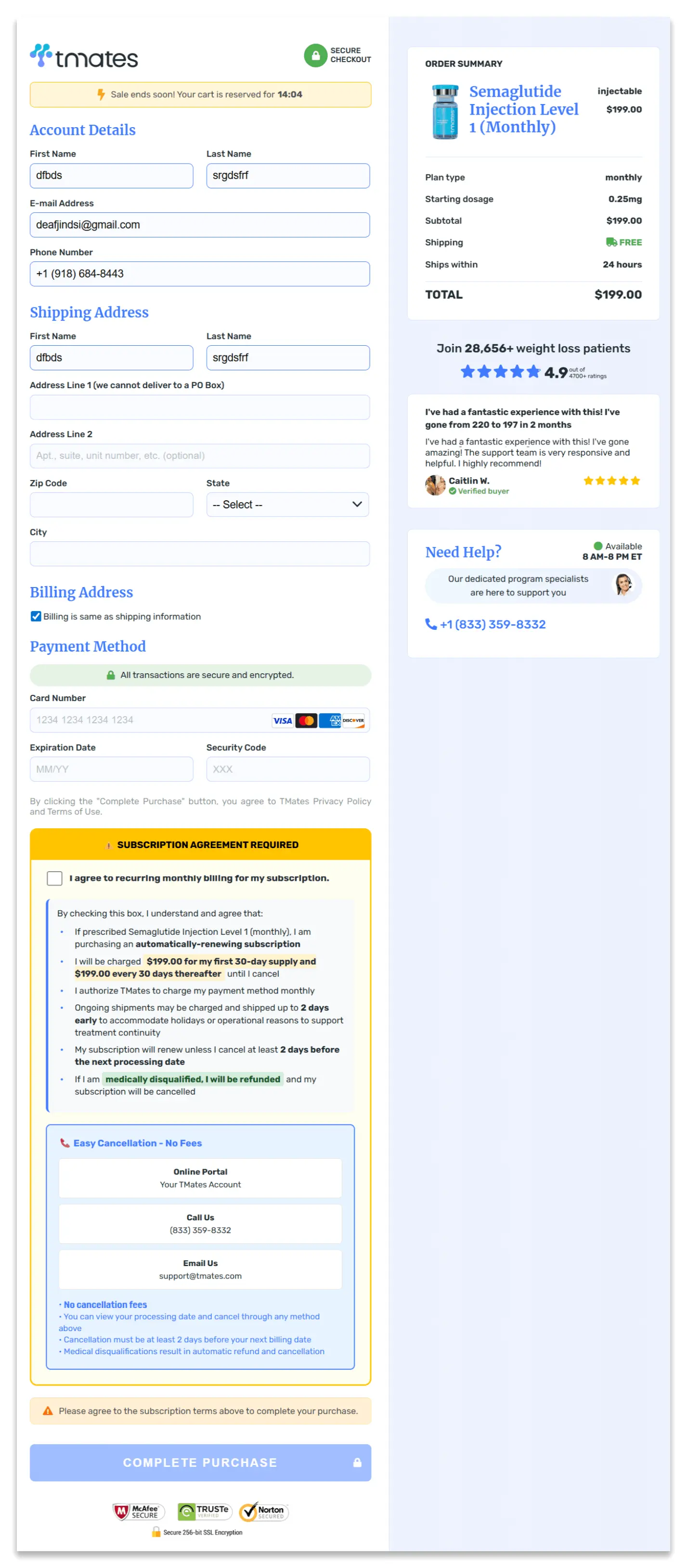 Tmates Secure Checkout Page